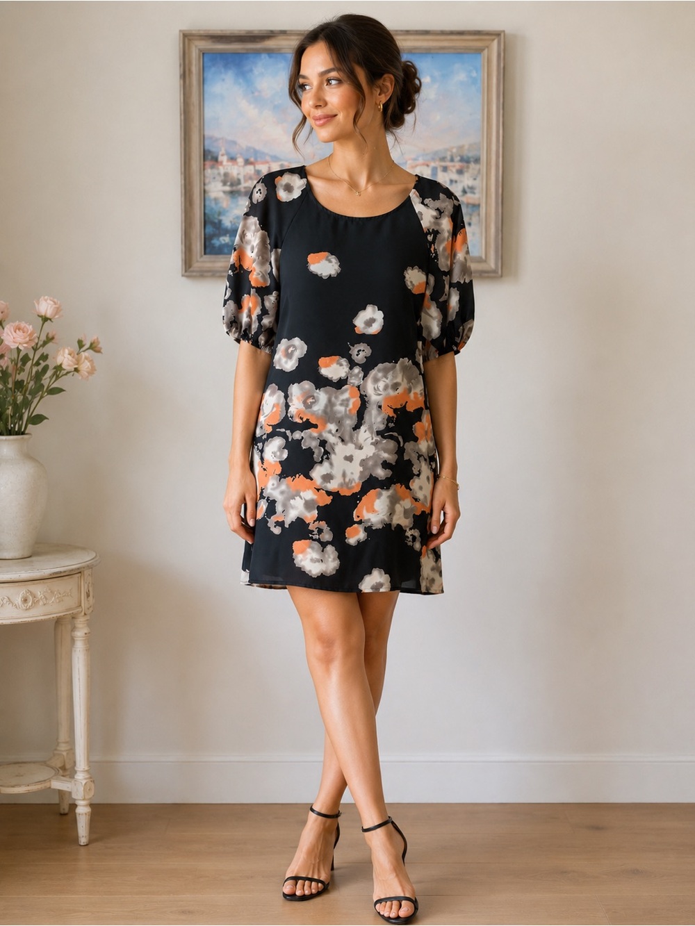 Navy Floral Puff-Sleeve Shift Dress